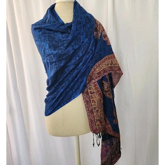 Pashmina Shawl Scarf Large Wool Blend Soft Blue Gold Tan Reversible Travel - Picture 8 of 9